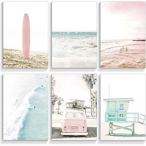 mifyuibytr Set of 6 Beach Canvas Wall Art, 16x24in Tropical Summer Ocean Coastal Posters, Preppy Gallery Beach Prints, Girly Nautical Surfboard Bus Room Decor, California Beachy Pictures Unframed