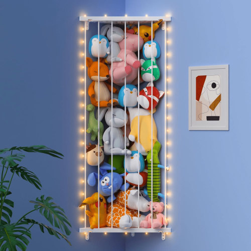 FOUKUS Corner Stuffed Animal Storage: Adjustable Wall Hanging Shelves - White with Light