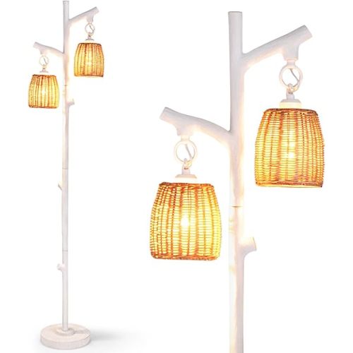 Tangkula Farmhouse Floor Lamp, 65" Tall Rustic Country Cottage 2 Light Dimmable Tree Rattan Floor Lamp, White Faux Wood Column, Wicker Shade Decor for Living Room Study Bedroom (Rustic)