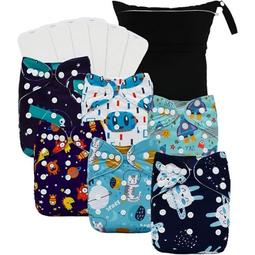 babygoal Boy Cloth Diapers Pack of 13, Baby Reusable Washable Pocket Nappy, 6pcs Diapers+6pcs Rayon from Bamboo Inserts+Wet Bag