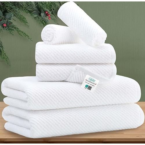 VOOVA & MOVAS White Towels Bathroom Sets - 100% Cotton | Quick Dry | Lightweight | Thick, 6PCS Bath Towels Set, 2 Large Bath 30"x56", 2 Hand 18"x28", 2 Wash Cloths 13"x13", Hotel Shower Towel Luxury