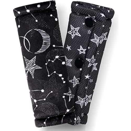 2 Pack Car Seat Belt Covers for Baby Kids, Reversible Soft Car Seat Shoulder Strap Pads, Seatbelt Cushion, Neck Strap Covers for Stroller, Carrier, Pushchair (Black Star)