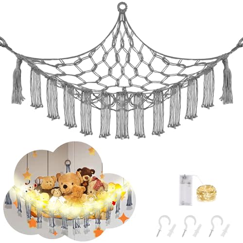 CERETIA Stuffed Animal Hammock with LED Light, Large Stuffed Animals Storage Corner Plushie Net for Kids Room Decor, Grey