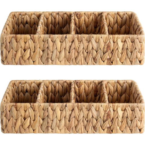 Small Wicker Basket for Organizing with 4-Section, Natural Water Hyacinth Storage Baskets with Dividers for Pantry Shelves, 2-Pack