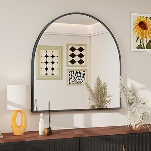 BEAUTYPEAK 31"x32" Arch Bathroom Mirror, Wall Mounted Vanity Metal Frame Mirror for Bedroom, Entryway, Living Room, Black