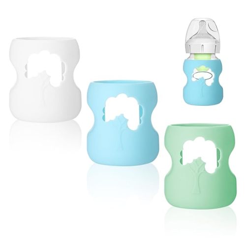 3 Pack Silicone Sleeves for Dr. Brown Glass Baby Bottles, Drop Safe Silicone Sleeve for Dr. Brown Wide Neck Glass Bottles 5 oz(White,Green,Blue)