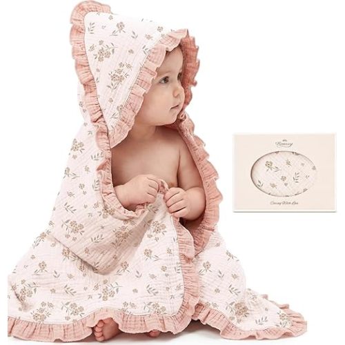 Konssy 100% Muslin Cotton Baby Hooded Towel, Soft Absorbent Bath Towel for Newborns, Infants and Toddlers, Baby Gift and Newborn Essentials with Lace Ruffle Hood