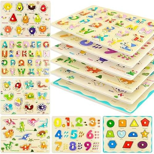 MerryPony Wooden Peg Puzzle for Toddlers 2 3 4 Years Old, 6 Pcs Montessori Toddler Puzzle - Alphabet, Shape, Number, Fruit, Dinosaur and Insect Puzzles, Baby Puzzle, Learning & Education Toys for Kids