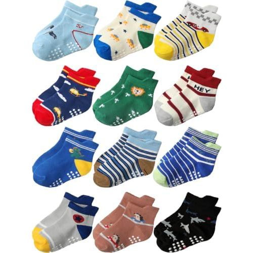 Aroveea Toddler Socks Non Slip Grip Crew Cotton 12 Pack for Baby Boys Kids