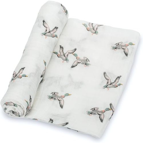 LollyBanks Muslin Swaddle Blankets, 100% Cotton Newborn Blanket for Boys and Girls, 47 x 47 Inches Lightweight and Breathable Baby Swaddle Blanket, Baby Essentials, Registry (Mallard Duck Prints)