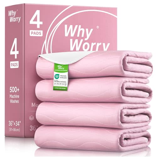 WHYWORRY Washable Bed Pads for Adult Incontinence, 34"x36", Pink, 4 Count | Pee Pads for Bed Wetting, Reusable Underpads for Elderly & Kids, Waterproof Mattress Protector, Machine Washable