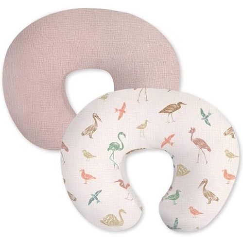 Little Grape Land Muslin Nursing Pillow Covers 2 Pack, 100% Cotton Removable Breastfeeding Pillow Covers, Feeding Pillow Slipcovers for Baby Boys & Girls, (Wetland Birds & Rosy)