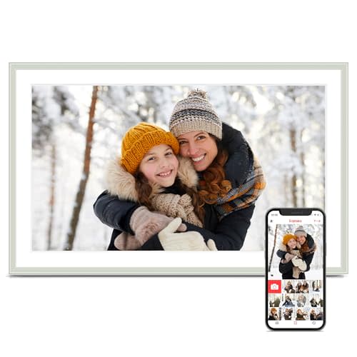 Digital Picture Frame, 15.6 Inch Frameo Digital Frame WiFi, 1920*1080 IPS FHD Touchscreen, 32GB, Tabletop&Wall-Mounted, Share Picture Video, Electronic Photo Frame Slideshow, Gifts for Mom, White Clay