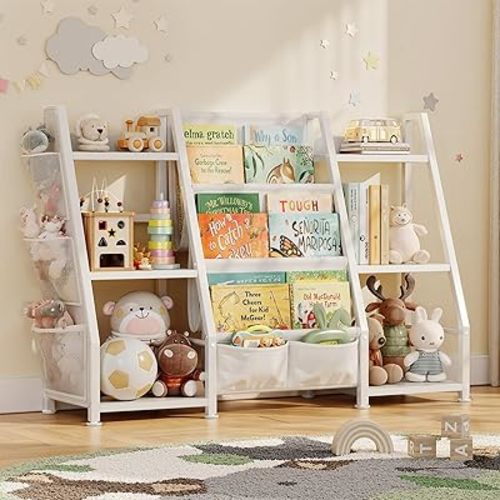 Kids Bookshelf Large Storage Bookcase: 3-Tier White Book Sling Shelf Toy Organizer for Toddler - Display Rack with 3 Pockets for Kids Rooms, Bedroom, Playroom, Nursery (Wood + Metal)