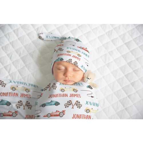 RACE CAR SWADDLE Blanket, Baby Boy Custom Swaddle Set, Racing Theme Newborn Blanket, Racecar Baby Shower Gift, Knotted Baby Hat Blanket Set