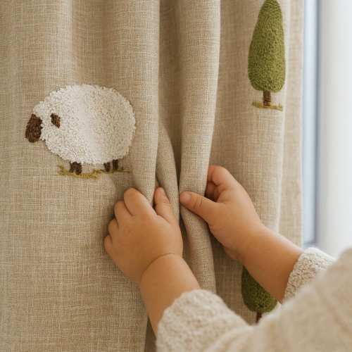 Sheep & Tree Nursery Curtains - Organic Linen with Blackout or Cotton Lining