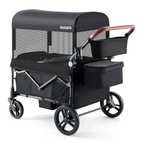 Harppa Remy Wagon Stroller for 4 Kids, Foldable 4-Seater Stroller Wagon with Mosquito Net Canopy,Snack Tray, 8''/12''All-Terrain Wheels, 280Ibs Capacity for Growing Family Outings Black | Foldable Design, Mosquito Net Canopy, Snack Tray, 8''/12'' All-T...