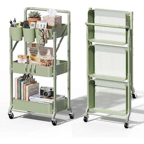 Foldable 3 Tier Rolling Cart, Metal Utility Cart with Wheels