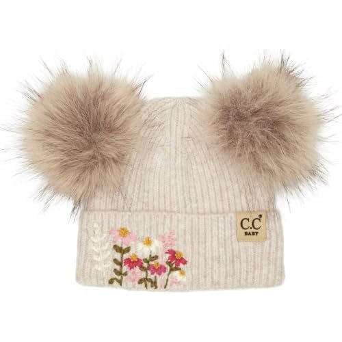 Funky Junque Double Pom Pom Baby Beanie – Newborn Girl Winter Hat 0–12 Months, Cute Cozy Knit Infant Beanies for Cold Weather
