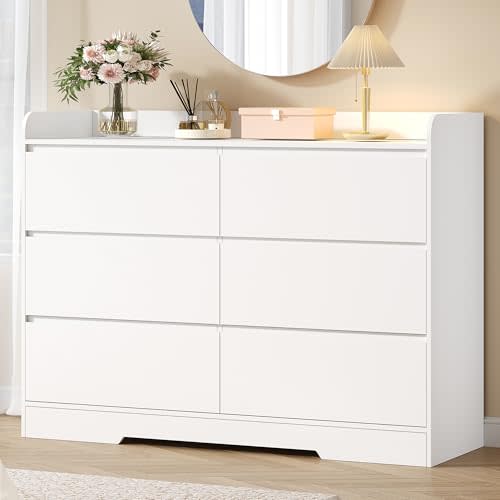 White Dresser for Bedroom, 6 Drawer Dresser Chest of Drawers | Wood Dressers for Closet, Wide Modern Dressers with Fence for Living Room, Hallway, Entryway, TV Stand, White UXKCG004W
