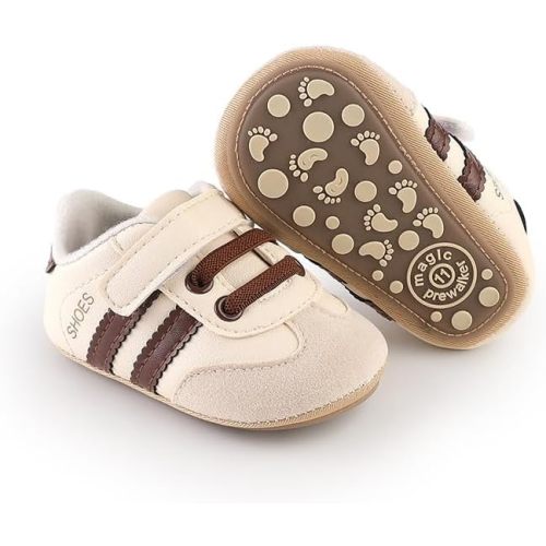Newbron Baby Boys Girls Retro Sneakers Pu Leather Rubber Sole Walking Shoes Toddler Non-Slip First Walkers Infant Slippers Crib Shoes