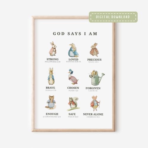 Peter Rabbit Christian Nursery Wall Art, God Says I Am Scripture Affirmations, Beatrix Potter Decor (Digital Download)