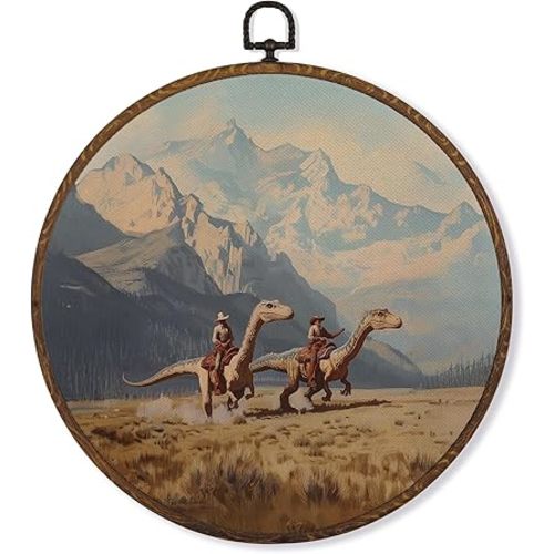 MOTERMATE Western Cowboy Dinosaur Wall Art Decor Round Framed, Whimsical Cowboy Dinosaur Mountain Canvas Wall Art Artwork Prints, Western Hanging Decor Decorations for Home Bedroom Room, 10x10 Inch