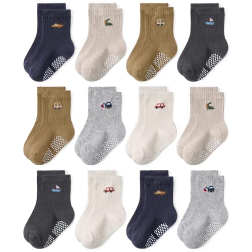 Bearbay Baby Toddler Essentials Non-Slip Crew Socks for Unisex Boys Girls | Full-Sole Silicone Grips,Combed Cotton,9 Pairs Neutral Colors,Reinforced Heel & Toe,Elastic Cuff,Machine Washable