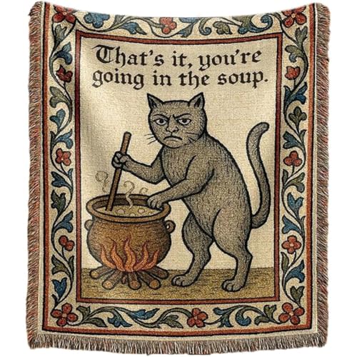 mevious Weird Medieval Cat Woven Tapestry, Vintage Cat Themed Woven Sofa Blanket, Wall Hanging Art Handicrafts, Soft and Cozy Multipurpose Blanket, With Fringe Tassels, Home Decor for Cats Lovers