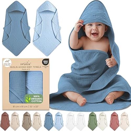 100% Organic Cotton Muslin Baby Hooded Towels 32x32 Inch – 2 Pack Soft & Absorbent Baby Towels with Hood for Boys & Girls, Premium Hooded Towels, Gentle Baby Essentials in Deep Blue/Aquarius