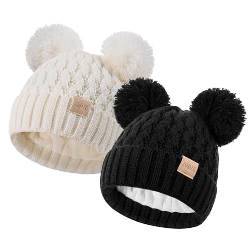 XOMZG Toddler Winter Beanie Hat, Infant Winter Warm Knit Fleece Lined Cap for Girls Boys with Pom Pom for 0-36 Months 2 Packs