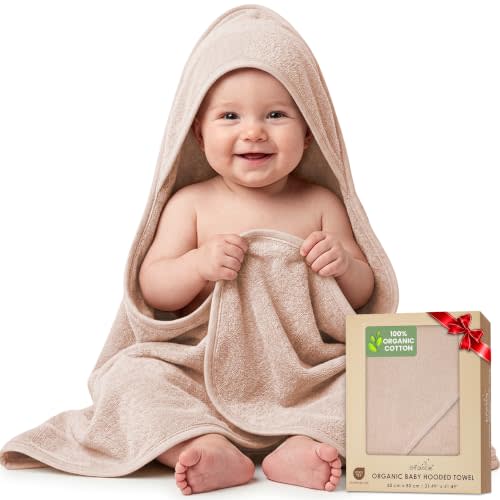 100% Organic Cotton Woven Hooded Baby Bath Towels Gift 31x31 inch | Oeko-TEX Certified, Bath & Hooded Towels, Baby Towels, Toddler Towels, Sand, Unisex Design, Ultra-absorbent weave