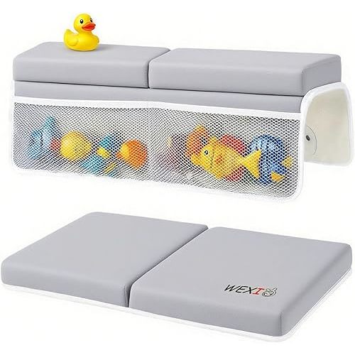 Water-Resistant Baby Bath Kneeler and Elbow Rest Pad Set, Soft Bathtub Kneeling Pad for Bathing Baby with Toys Pocket, Tub Knee Cushion Mat for First Time Mom Newborn Bath Time Essentials, Grey