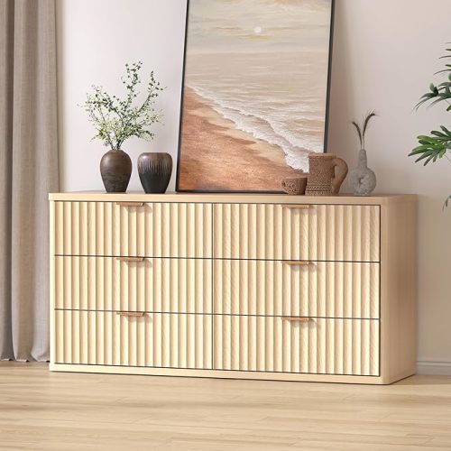 Piskyet Fluted 6 Drawer Dresser | Natural Wood Color