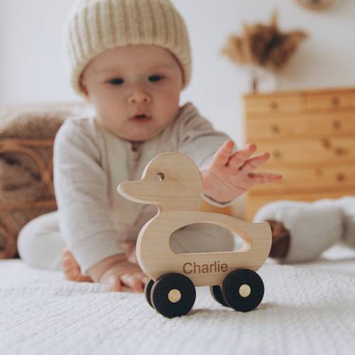 Wooden Toy Duck With Child's Name. Custom Baby Shower Gifts. Animals on the Wheels. Toddler Toys. Personalized Gift For Kids. Newborn Baby.
