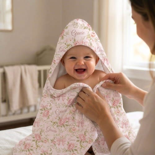 Personalized Floral Pink Bows Hooded Towel for Baby Girl and Kids Baby Shower Gift Newborn Essential Coquette Bows Custom Name Vintage Roses