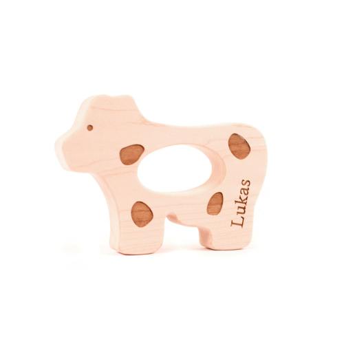 all natural personalized cow TEETHER - an organic wooden teething toy for baby, eco-friendly farm barnyard animal