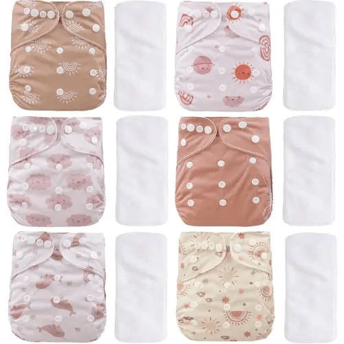 CoolaPeach 12 Set Reusable Adjustable Cloth Diapers for Newborn to 0-3 Years,One Size Washable Pocket Nappy Covers for Baby Girl and Boy,6 Pack Cloth Diapers+6pcs Microfiber Inserts(Pink)