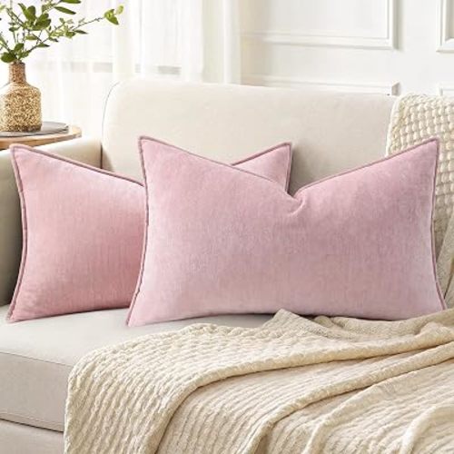 decorUhome Chenille Blush Pink Velvet Throw Pillow Covers 12x20 Set of 2 | Fall Soft Lumbar Couch Decorative Modern Farmhouse Pillow Cases with Elegant Design for Sofa Bed Living Room Home Decor