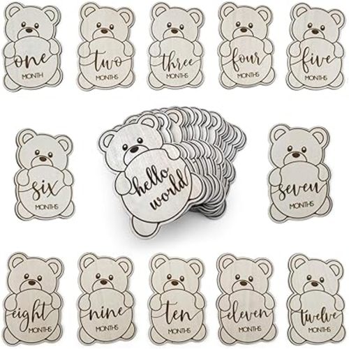Baby Monthly Milestone Cards, Wooden Discs, Gender Neutral, Teddy Bear Shaped, Baby Shower Gifts (Teddy Bear)