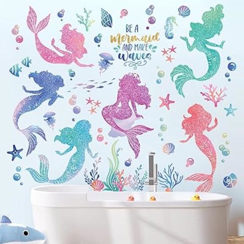 wondever Under The Sea Mermaid Bubble Glitter Wall Stickers Be A Mermaid and Make Waves Peel and Stick Wall Art Decals for Girls Bedroom Baby Nursery Kids Bedroom