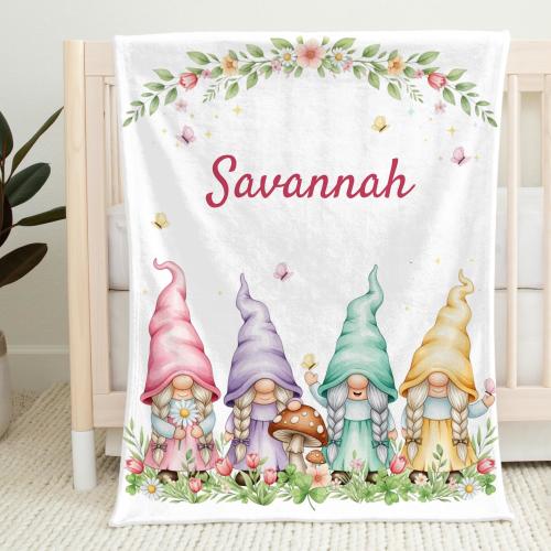 Personalized Whimsical Gnome Baby Blanket, Enchanted Pastel Gnomes Nursery Decor, Custom Baby Shower Gift for Girls, Fairy Garden Blanket