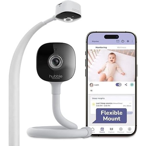 HUBBLE CONNECTED GoBaby AI - 2K HD Baby Monitor Camera w/Advanced AI Monitoring, Covered Face & Rollover Detection, True Cry Alerts, Sleep Training & Smart Soother — w/Flexible Mount