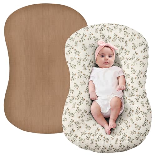 FUNUPUP Muslin Baby Lounger Cover Compatible with Snuggle Me Lounger, Infant Lounger Pillow Cover for Newborn, Removable Newborn Lounger Cover for Boys and Girls, Brown&Floral