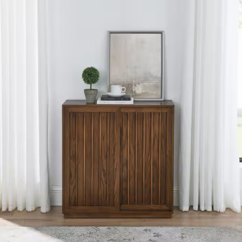 Noble House Manfred Mid-Century Walnut 32.7 in. H Wood Storage Cabinet with Shelves, 2 Sliding Doors 149628