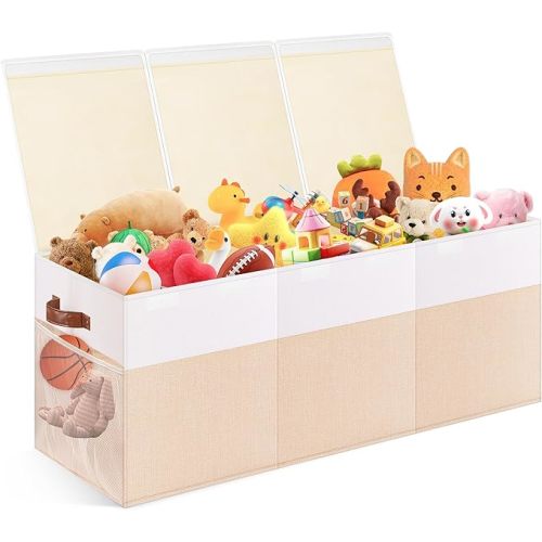 Extra Large Toy Storage Box with Lid, Collapsible Sturdy Toy Chest Storage Organizer Bin Basket with Divider for Kids, Boys, Girls, Closet, Playroom, Bedroom, Nursery, 40"X14"X16", Beige & White