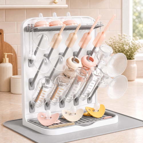 Norcho Baby Bottle Drying Rack with Drain Mat & 15 Hooks, Newborn Essentials, Rack Dryer for Bottles, Pacifiers & Pump Parts