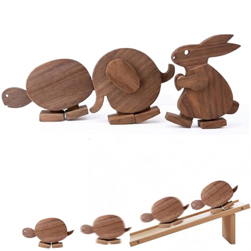 Handmade Walking Wooden Animals, Wooden Walking Animal Figures with Ramp, Educational Rabbit Elephant & Turtle Statue Ornaments, Mechanical Balance Walking Sculpture, Fun Science Gift (SET-3P)