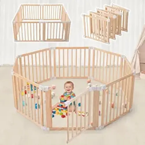 Foldable Wooden Playpen-61"x61"x25"-Large Baby Gate Playpen with Child-Proof Lock-Easy Assembly, Portable Design for Babies & Toddlers- Shape& Size Adjustable Baby Fence Play Area(Wood, 8 Panel)