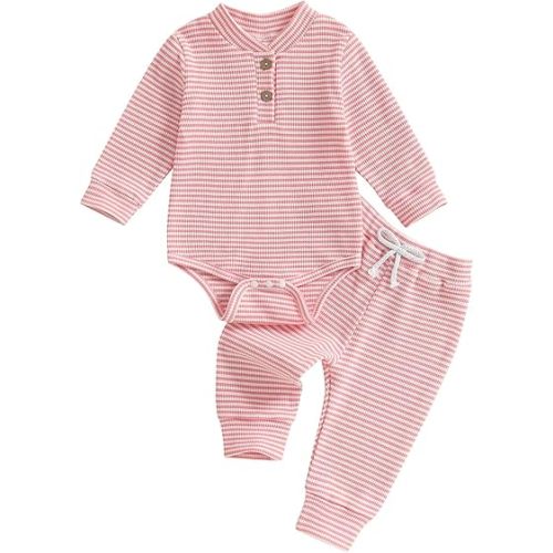 Newborn Baby Boy Girl Clothes Striped Waffle Knit Long Sleeve Romper Long Pants Set Infant 2Pcs Fall Winter Outfit